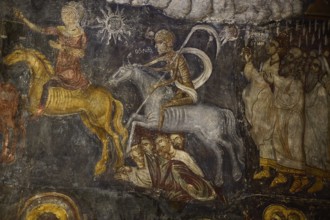 An apocalyptic fresco with riders on colourful horses and an angel of death in medieval style,