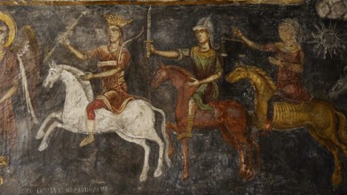 Medieval fresco showing riders on colourful horses depicting a symbolically charged scene, Easter