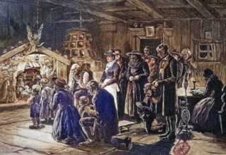 Christmas cot in Tyrol, Austria, coloured wood engraving, reproduction of a model from ca 1888,
