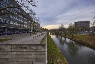 River Leine, general architecture, concrete wall, meadow, bare wintry trees, abstract reflections,