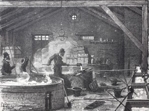 Workers in a soap factory with large vats, 1850, France, digitally enhanced reproduction of a 19th