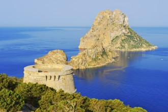 View of Torre des Savinar and Es Vedra island, Ibiza, Balearic Islands, Spain, Europe