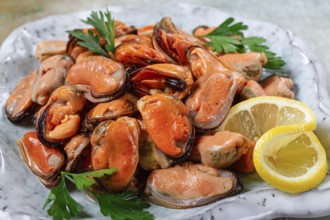 Mussels no shell, boiled, mussels, peeled, in a bowl, with lemon and parsley, Chilean mussels, top