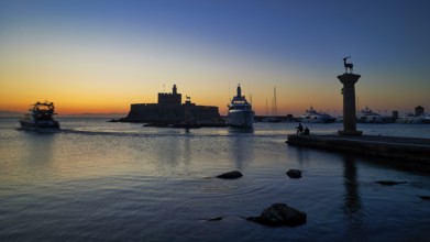 Harbour view at sunset with boats and a fortress, calm sea and evening atmosphere, sunrise, dawn,