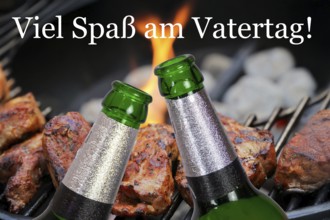 (Photomontage) Father's Day symbol: Two beer bottles in front of barbecued meat and text VIEL SPASS
