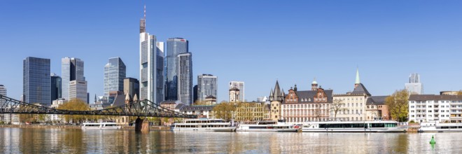Frankfurt skyline skyscrapers with banks on the river Main panorama with excursion boats and