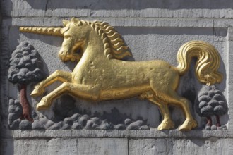 Golden Unicorn, figure at a historic restaurant, Aachen, North Rhine-Westphalia, Germany, Europe