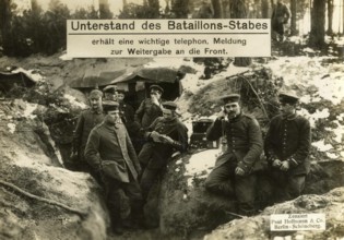 Battalion headquarters receives an important telephone message to be passed on to the front, 1914 -
