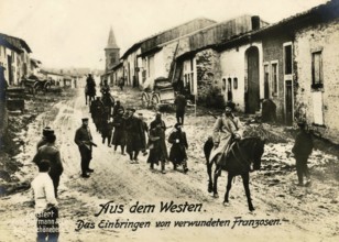 From the West. Bringing in wounded Frenchmen, 1914 - 1918, World War I, reproduction of a war