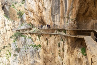 People walking on the narrow Caminito del Rey path that runs along a dramatic cliff face, Malaga,