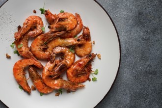 Fried tiger prawns, with spices, homemade, top view