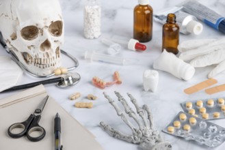 Dental supplies with skull, teeth and medical utensils