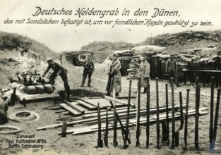 German hero's grave in the dunes, fortified with sandbags to protect it from enemy bullets, 1914 -