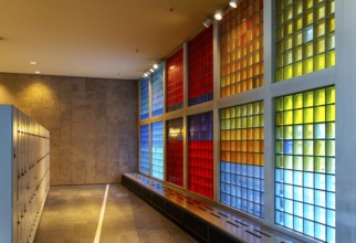 Colourful mosaic glass windows in the foyer of the Berlin State Library, Germany, Europe