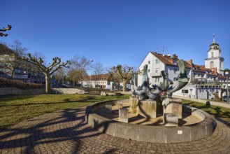 Fountain at Nanteser Platz, bronze sculpture, sculptor Lothar Meßner, church tower, Friedenskirche