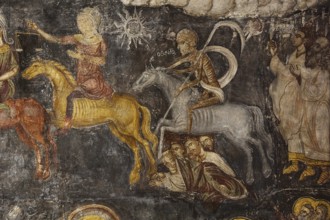 Apocalyptic scene with riders on horses depicting various biblical figures in a mystical setting,