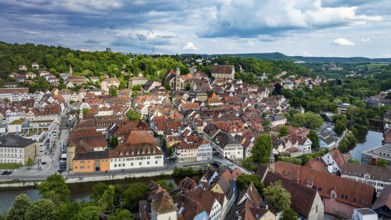 Town view of Schwäbisch Hall. View of the sights of the old town with the parish church of St