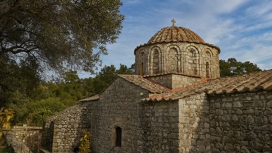 Stone and brick church with dome surrounded by trees and bright sky, sky exchanged, Thari