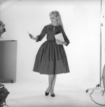 1950s fashion. A young woman in a typical 1950s dress. A wide skirt dress with a 50s patterened