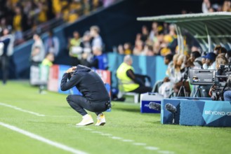BRISBANE, AUSTRALIA, JULY 27: Tony Gustavsson, head coach of Australia Matildas reacts as Australia