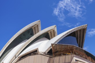SYDNEY, AUSTRALIA, MARCH 4 2023: Sydney Opera House architectural closeup on a hot autumn day in