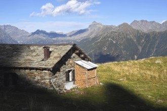 Light and shadows near a hut, Alpe Arcoglio, Valmalenco, Valtellina, Lombardy, Italy, Europe