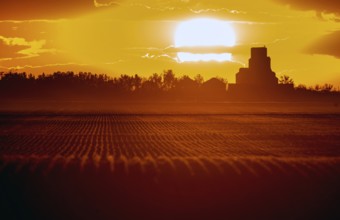 Bright colorful sunset in Saskatchewan Canada Grain Elevator