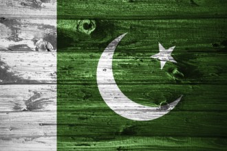 Pakistan flag on wooden planks background wood flag