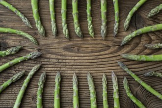 Raw garden asparagus stems. Fresh green spring vegetables on wooden background. (Asparagus