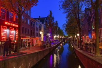 Night view of De Wallen, the famous red-light district with window prostitution in Amsterdam,