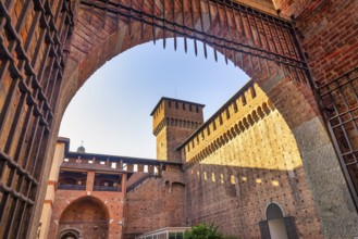 Sforzesco Castle close up and morning sunlight, Milan