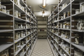 Brussels Capital Region, Belgium, 03 19 2022, Isle with shelves in the archive of the museum for