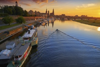 Dresden skyline reflecion in Elbe river at sunset in Saxony of Germany