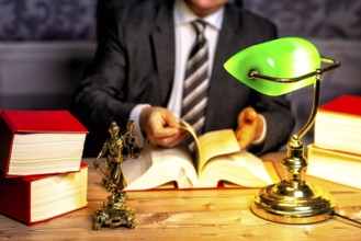 Office of a lawyer with books and a statue of Lady Justice, goddess Justitia, on the desk