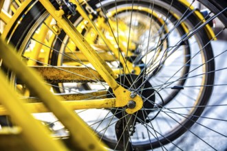 Yellow bike&#39, s wheel in row outdoor. Close-up