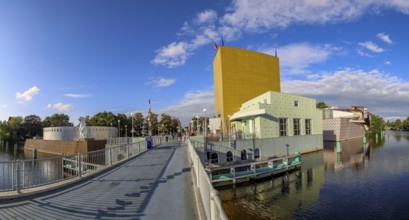 Panoramic photo of the Futurist Groninger Museum on the Werkmanbrug bridge on the Zuiderhaven