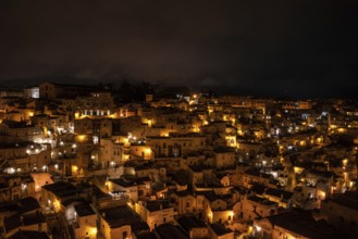 Scenic skyline of Sassi di Matera at night, Italy, Europe