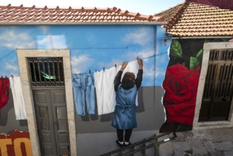 Illusion painting on a house facade in the historic centre, city of Porto, Portugal, Europe