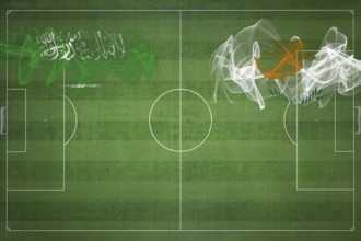Saudi Arabia vs Cyprus Soccer Match, national colors, national flags, soccer field, football game,