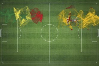 Senegal vs Spain Soccer Match, national colors, national flags, soccer field, football game,
