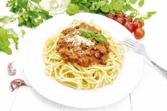 Spaghetti pasta with Bolognese sauce of minced meat, tomato juice, garlic, wine and spices with