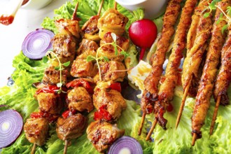 Grilled szaszlyk and meatballs with green salad