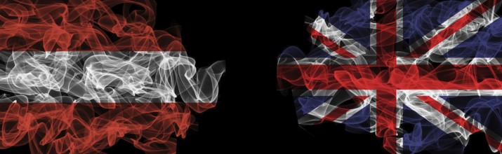 Flags of Austria and the United Kingdom on a black background, Austria vs. United Kingdom Smoke