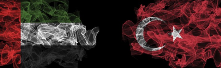 Flags of UAE and Turkey on Black background, UAE vs Turkey Smoke Flags