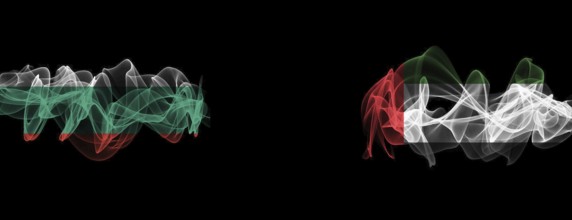 Flags of Bulgaria and UAE on black background, Bulgaria vs United Arab Emirates smoke flags