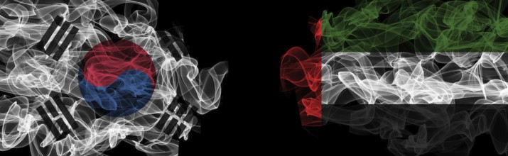 Flags of South Korea and UAE on Black background, South Korea vs United Arab Emirates Smoke Flags