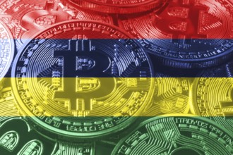 Mauritius bitcoin flag, national flag cryptocurrency concept black background
