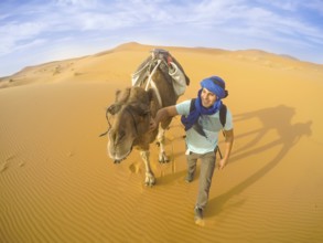 Selfie with camel in the Sahara desert