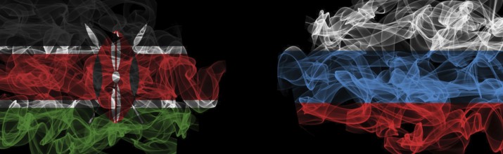 Flags of Kenya and Russia on a black background, Kenya vs Russia Smoke Flags