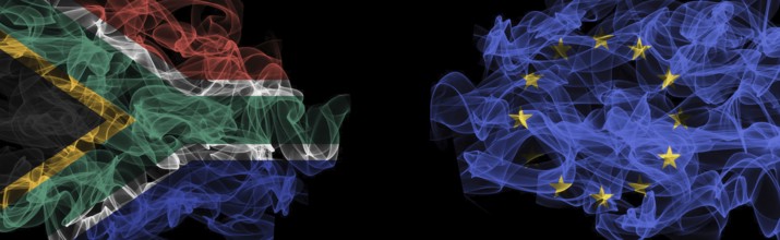 Flags of South Africa and EU on Black background, South Africa vs Europe Union Smoke Flags